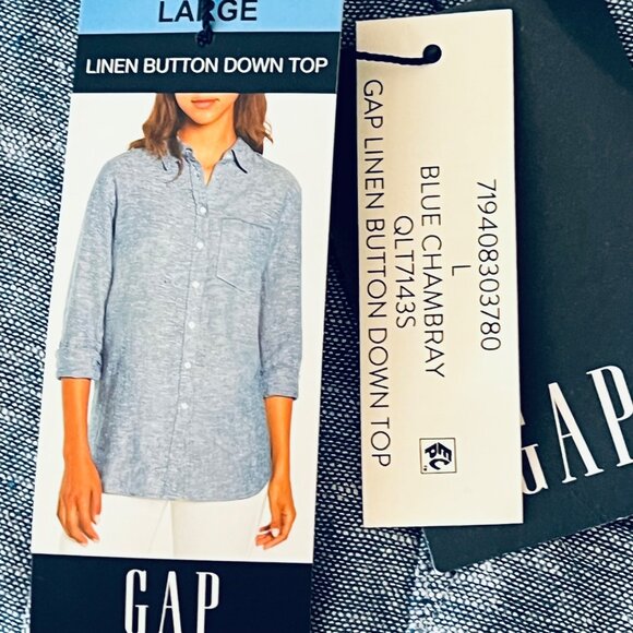 Gap Women Linen Blend Button Down Blue Chambray Shirt Size Large Long Sleeve NWT - Picture 5 of 11